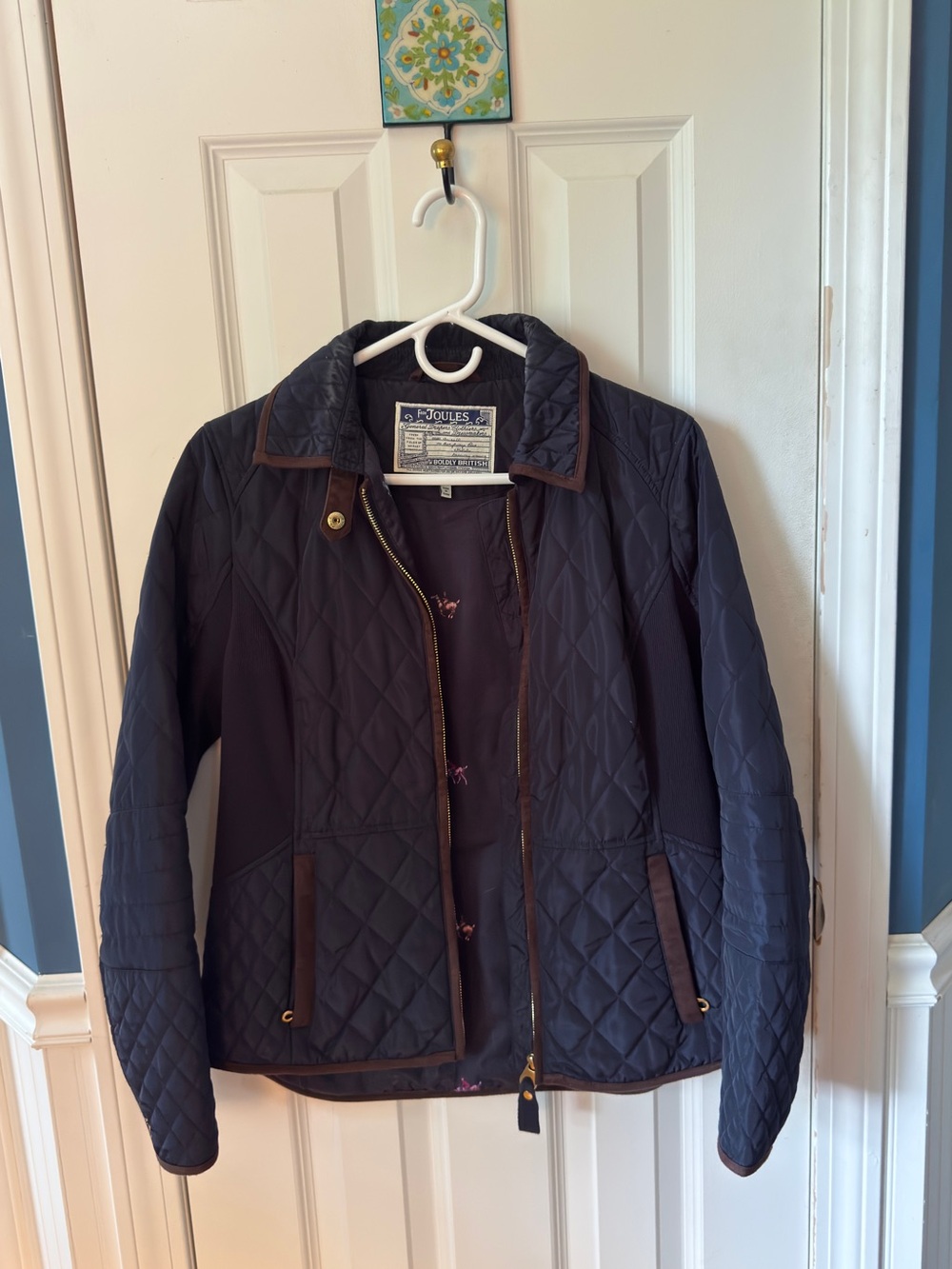 Joules Navy Quilted Bomber Jacket with Brown Trim